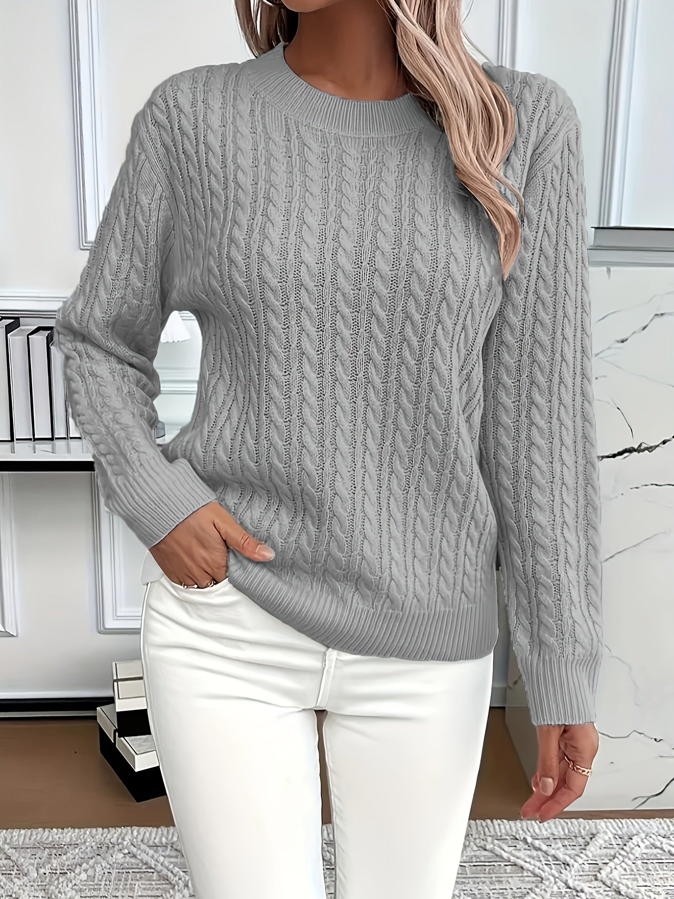 Womens Casual Loose-Fit Round Neck Long Sleeve Solid Colour Rib Design Pullover Sweater