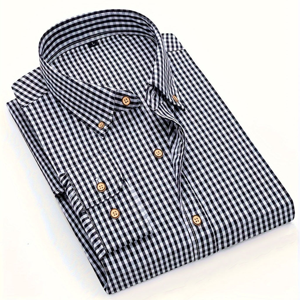Mens Stylish Gingham Check Casual Long Sleeve Breathable Button-Up Shirt