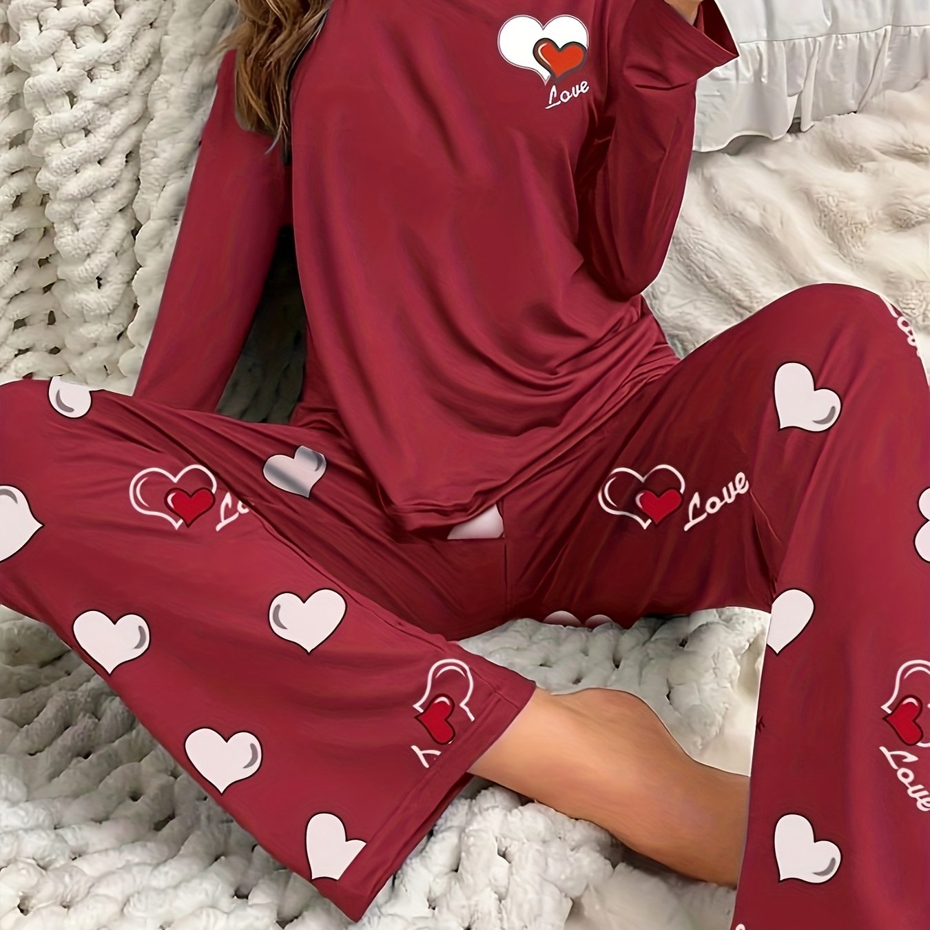 Womens Heart Pattern Long Sleeve & Pants Round Neck Loose Fit Pyjama Set