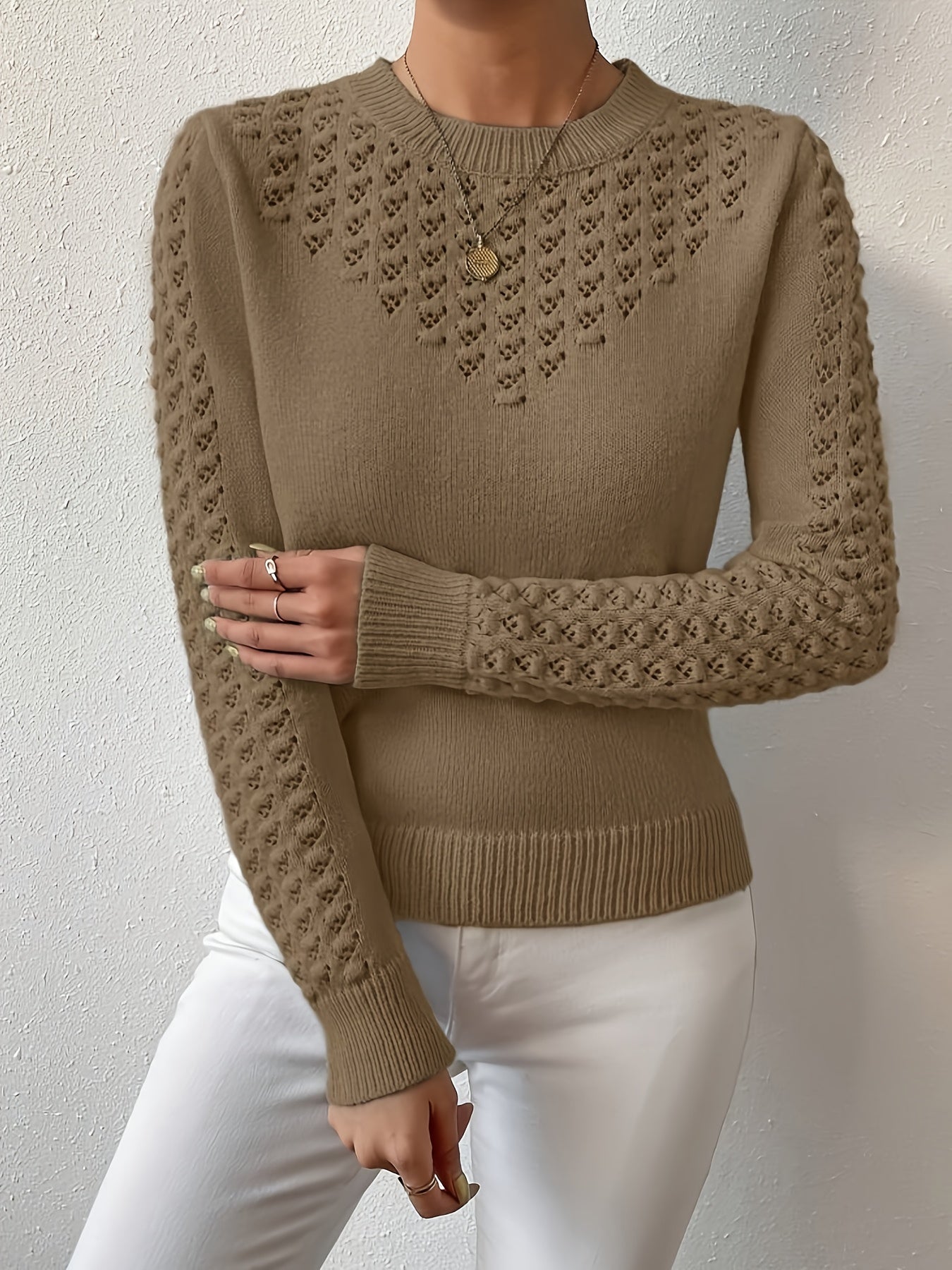 Womens Elegant Knitted Round Neck Textured Design Solid Colour Semi Sheer Sweater