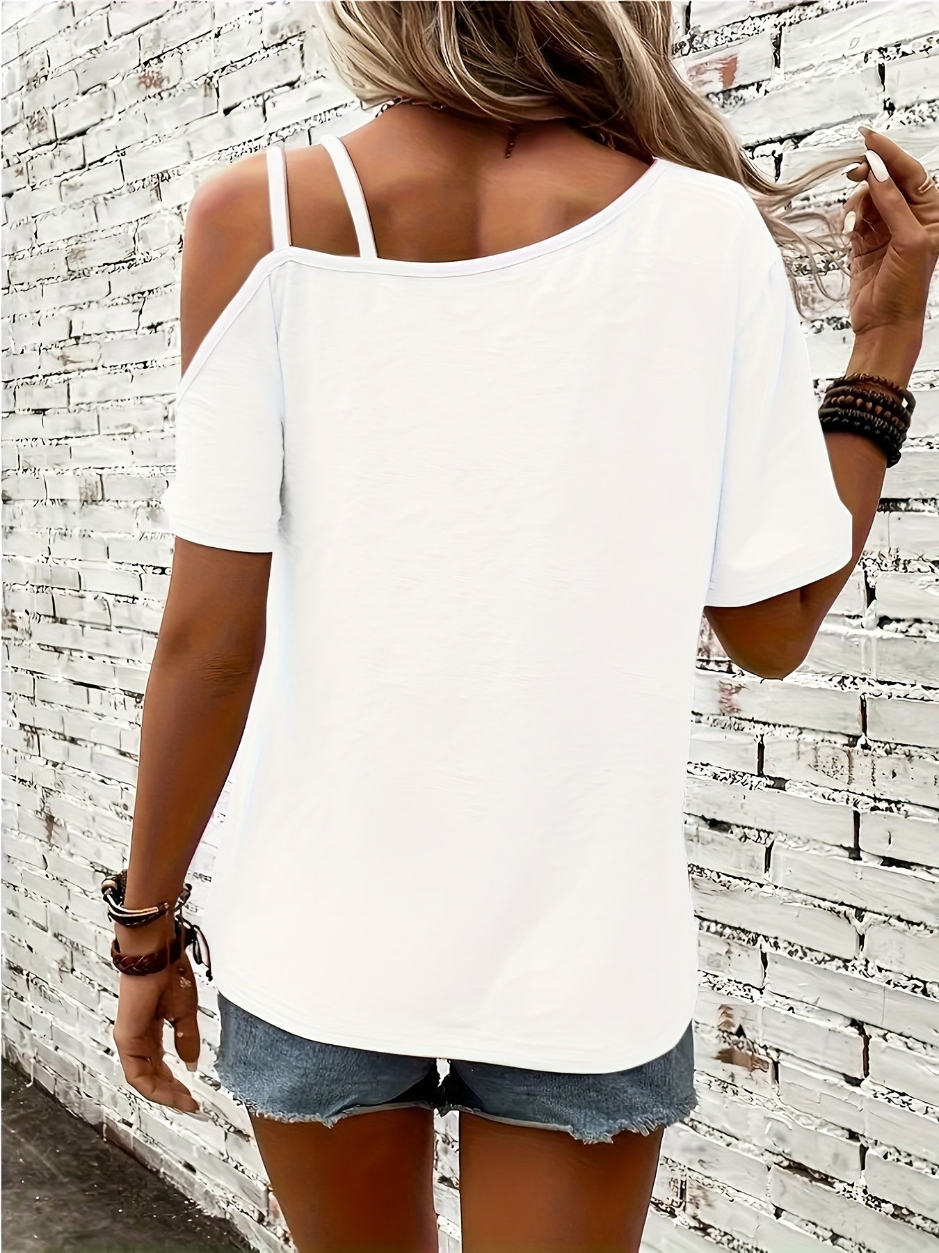 Womens Casual Heart Print Off the Shoulder Short Sleeve Asymmetrical T-shirt Top
