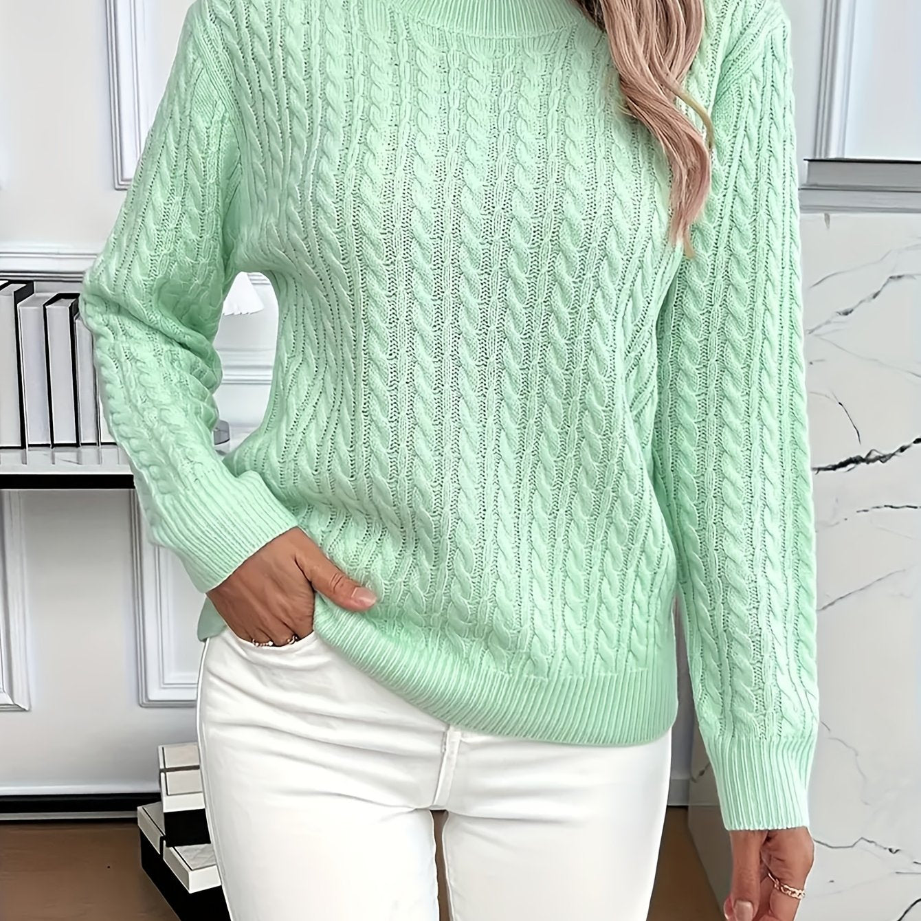 Womens Casual Loose-Fit Round Neck Long Sleeve Solid Colour Rib Design Pullover Sweater
