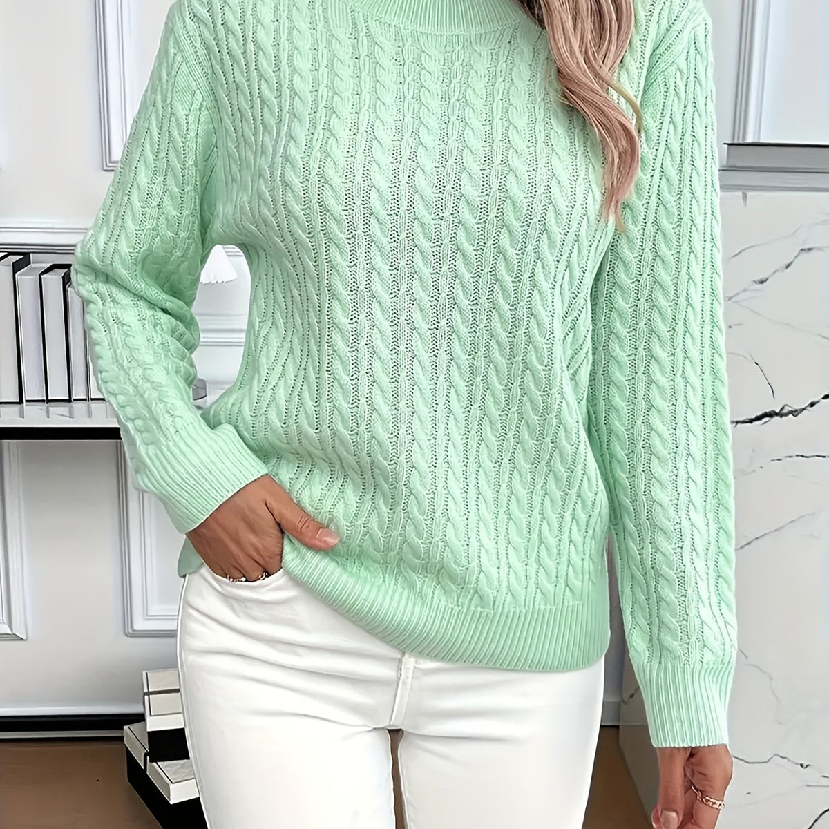 Womens Casual Loose Fit Round Neck Long Sleeve Sweater