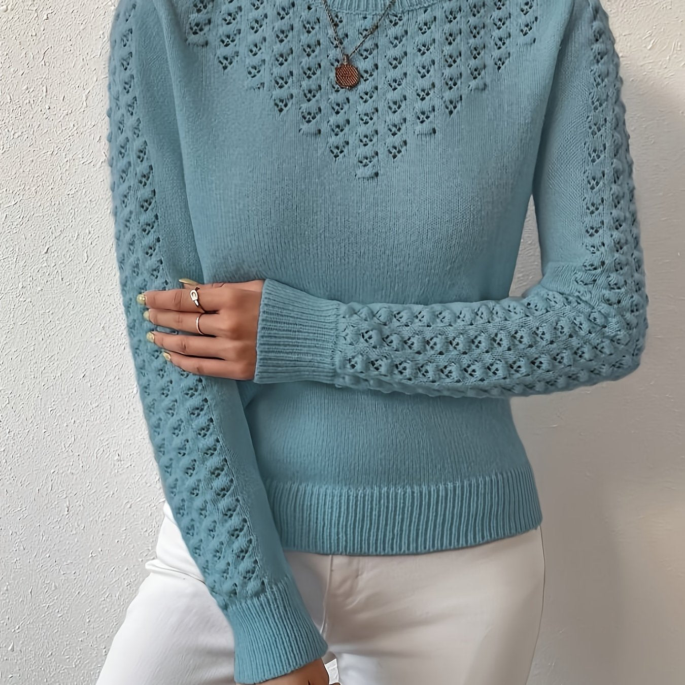 Womens Elegant Knitted Round Neck Textured Design Solid Colour Semi Sheer Sweater