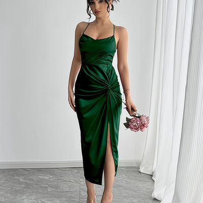 Womens Elegant Deep Neck High Thigh Slit Twist Detail Spaghetti Strap Dress for Women