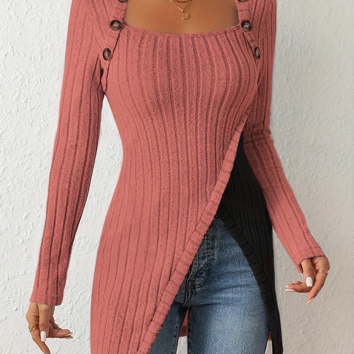 Womens Elegant Square Neck Ribbed Asymmetrical Button Detail Colour-Block Sweater