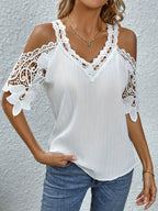 Womens Elegant Cold Shoulder Lace V Neck Solid Colour Loose Fit Top