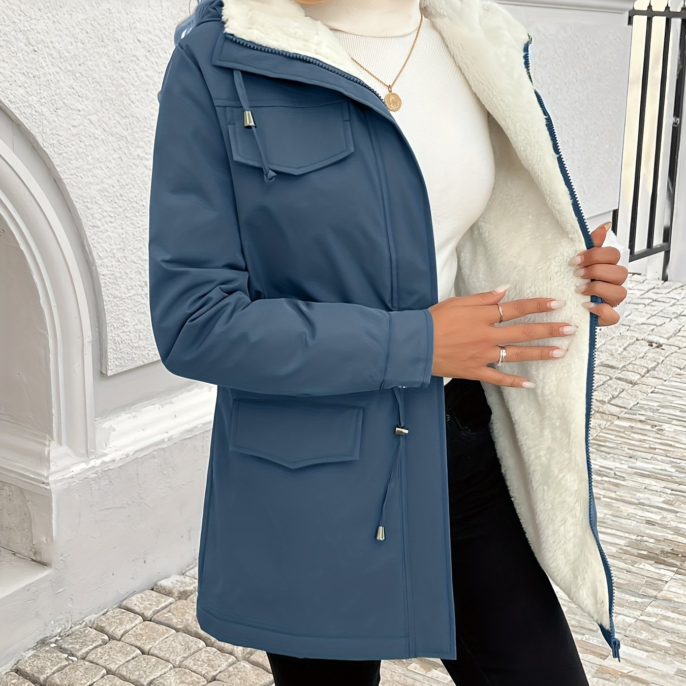 Womens Casual Hooded Solid Colour Non-Stretch Drawstring Lightweight Jacket