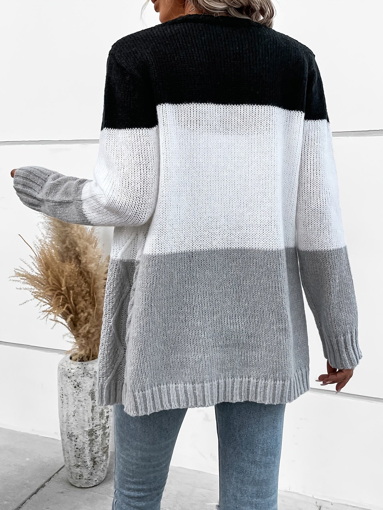 Womens Chic Open Front Closure Two-Tone Colour Block Lightweight Sweater Cardigan