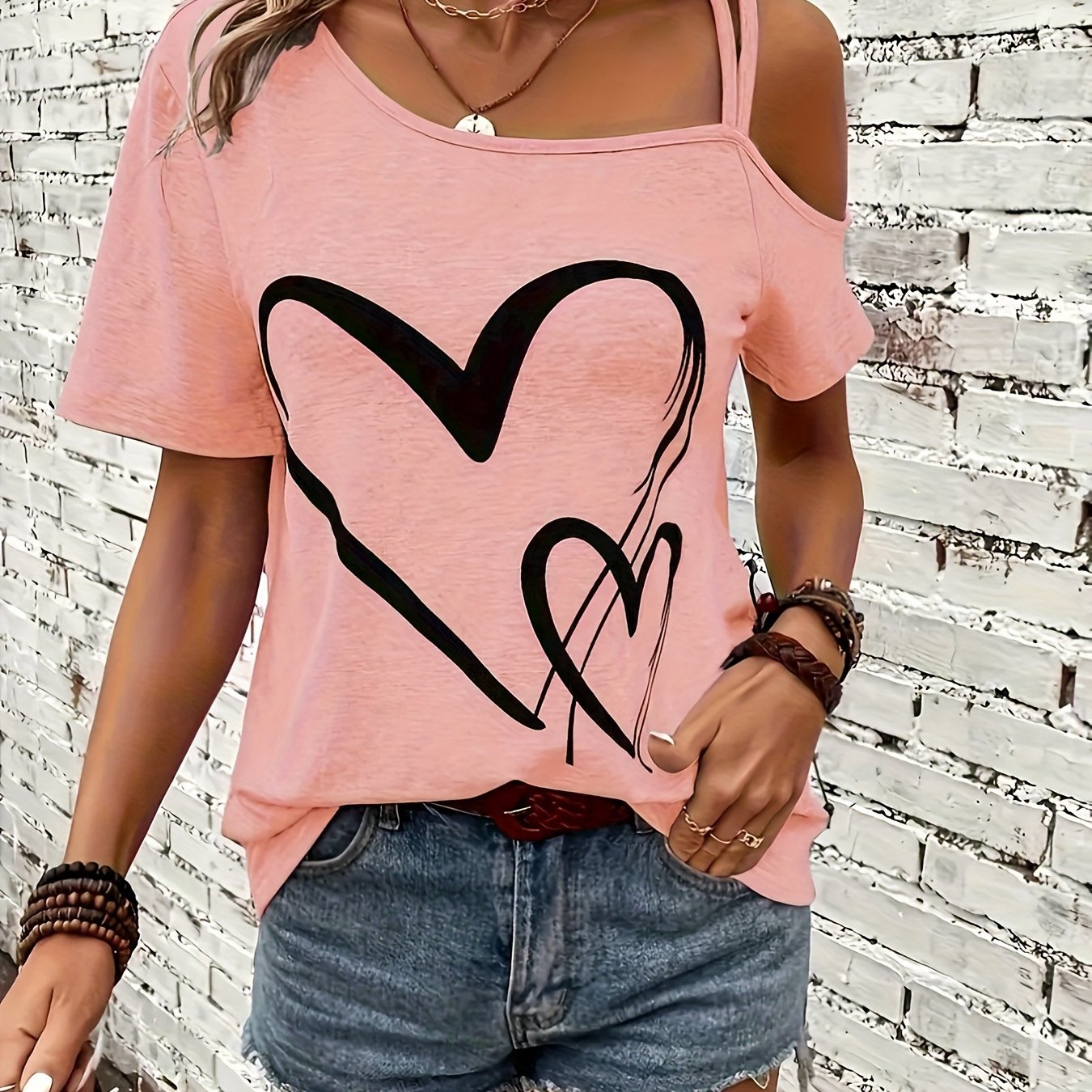 Womens Casual Heart Print Off the Shoulder Short Sleeve Asymmetrical T-shirt Top