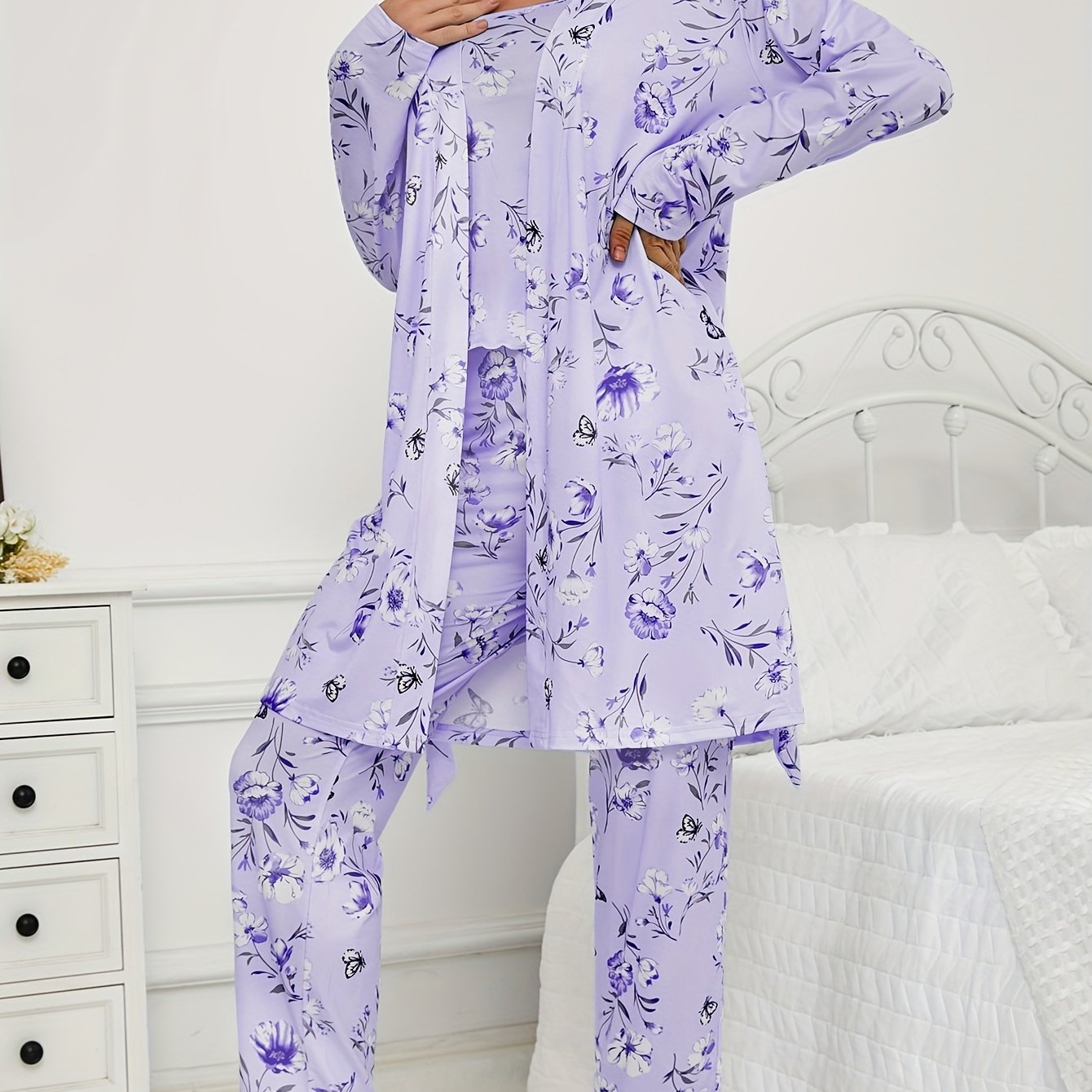 Womens 3 Piece Floral & Butterfly Print Long Pants Long Sleeve Belted Robe, Casual Crew Neck Top Nightwear Set