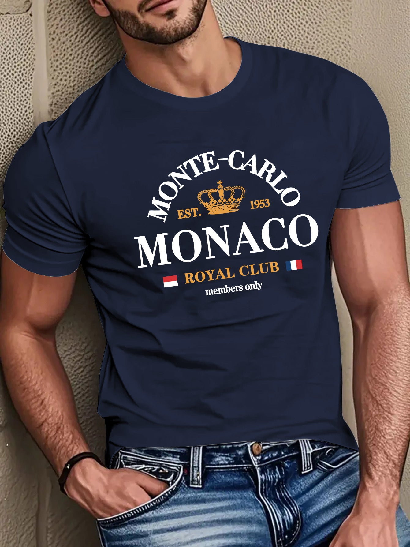 Mens Casual Monte Carlo Royal Club Graphic Print Soft Breathable Crew Neck Ribbed Tshirt