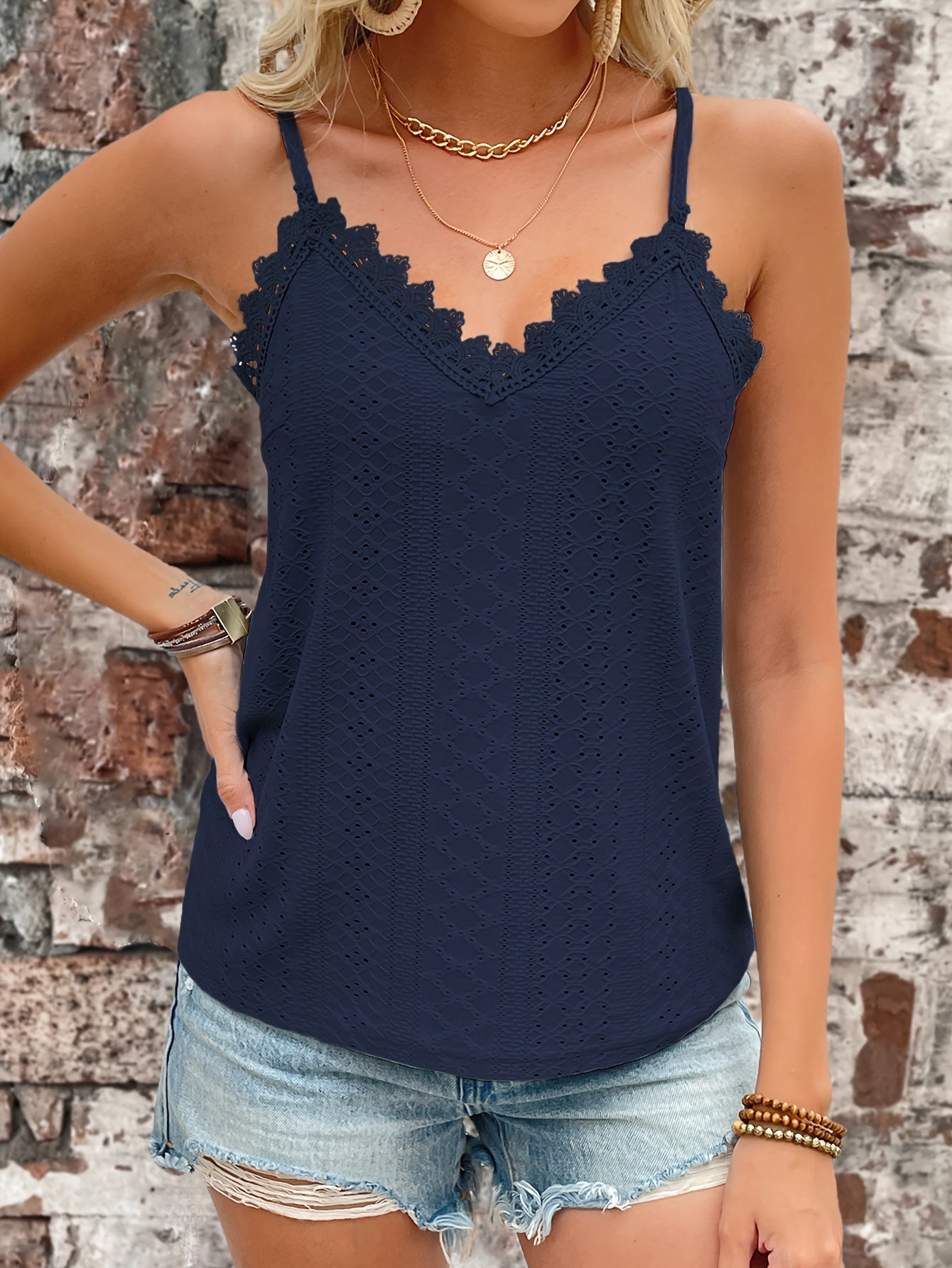 Womens Casual Eyelet Lace V-Neck Spaghetti Straps Vest Top