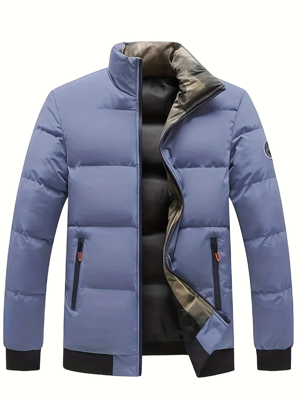 Mens Casual Thick Padded Loose Fit Stand Collar Zip Up Jacket