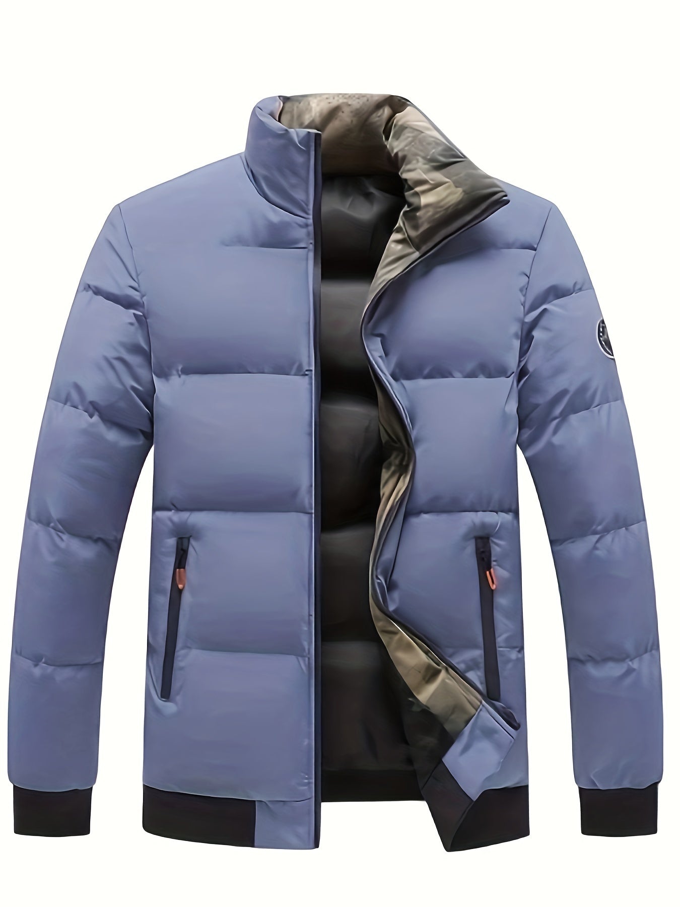 Mens Casual Thick Padded Loose Fit Stand Collar Zip Up Jacket