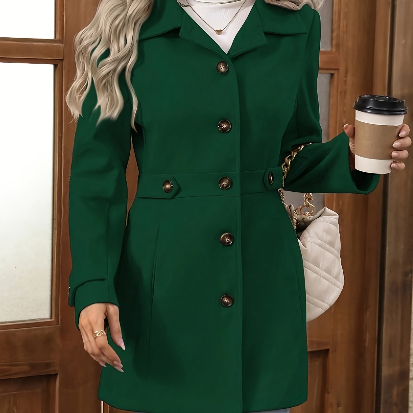 Womens Elegant Tweed Slim-Fit Lapel Collar Belted Waist Winter Coat