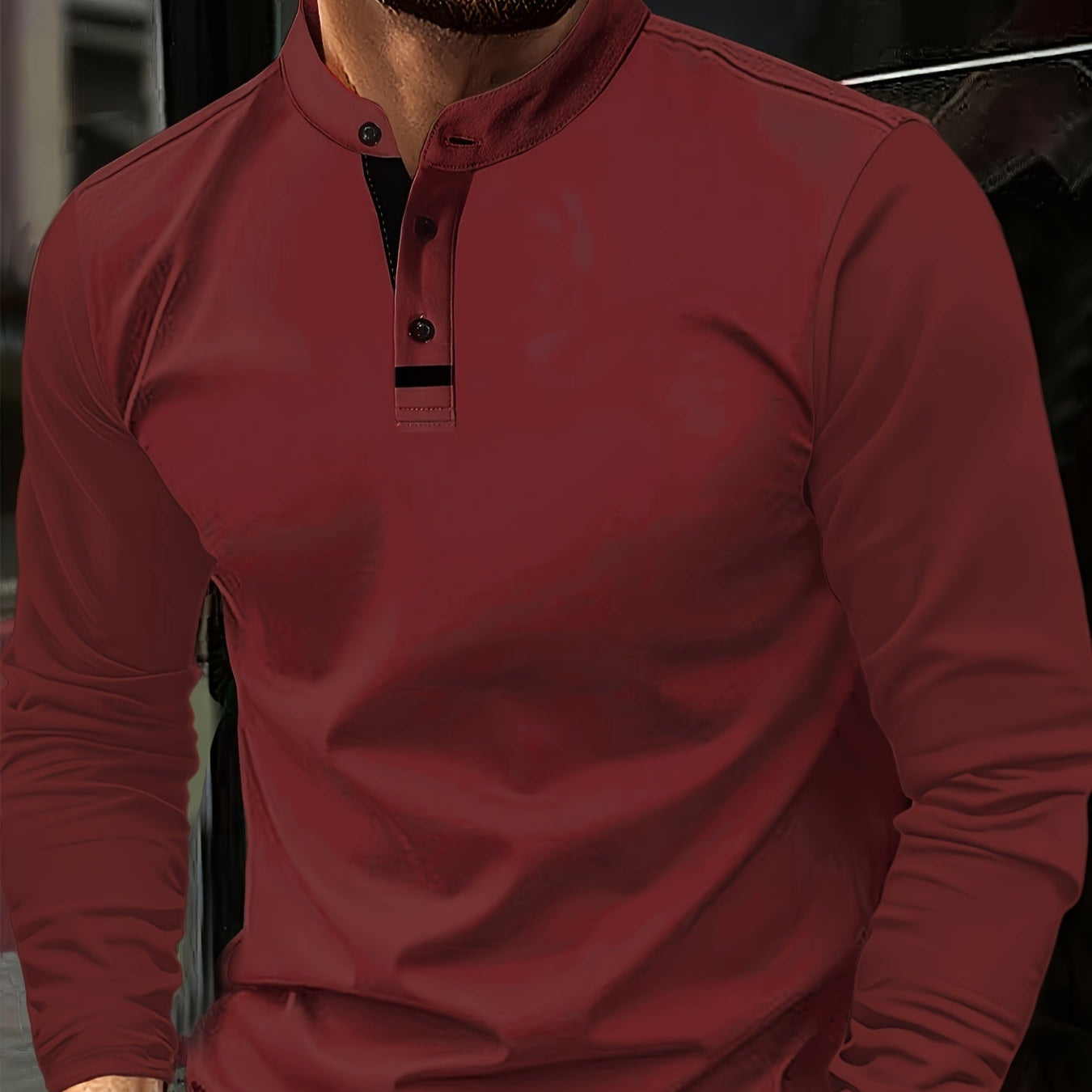 Mens Casual Solid Colour Contrast Stitching Casual Round Neck Long Sleeve Top