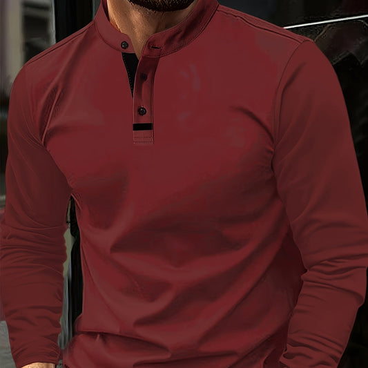 Mens Casual Solid Colour Contrast Stitching Casual Round Neck Long Sleeve Top
