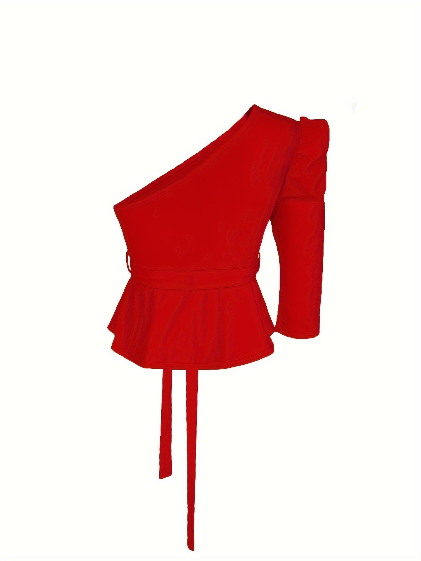 Womens Solid Colour One Shoulder Belted Elegant Puff Long Sleeve Asymmetric Top