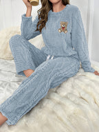 Womens Casual Bear Embroidered Thick Long Sleeve Round Neck Top & Pants Set
