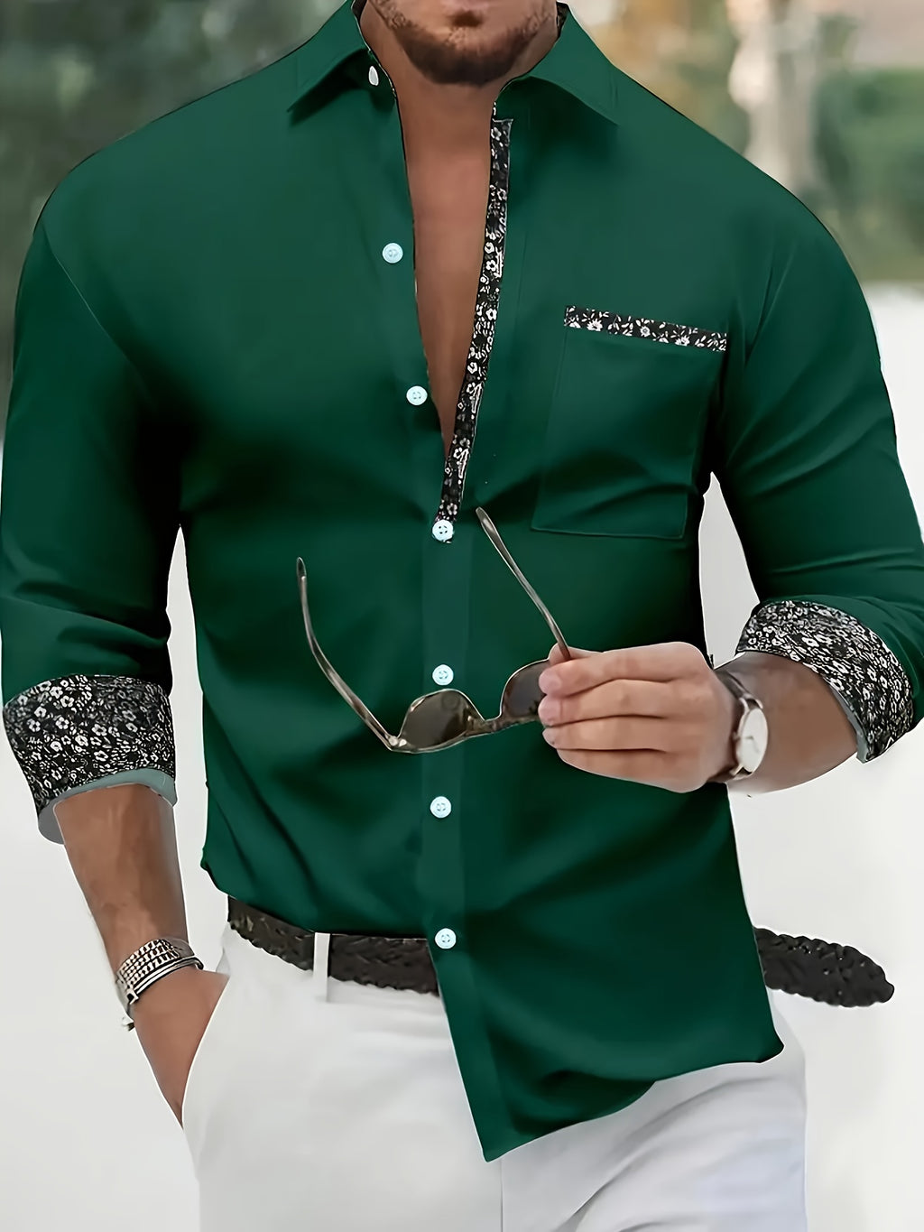 Mens Casual Lapel Collar Long Sleeve Position Print Shirt