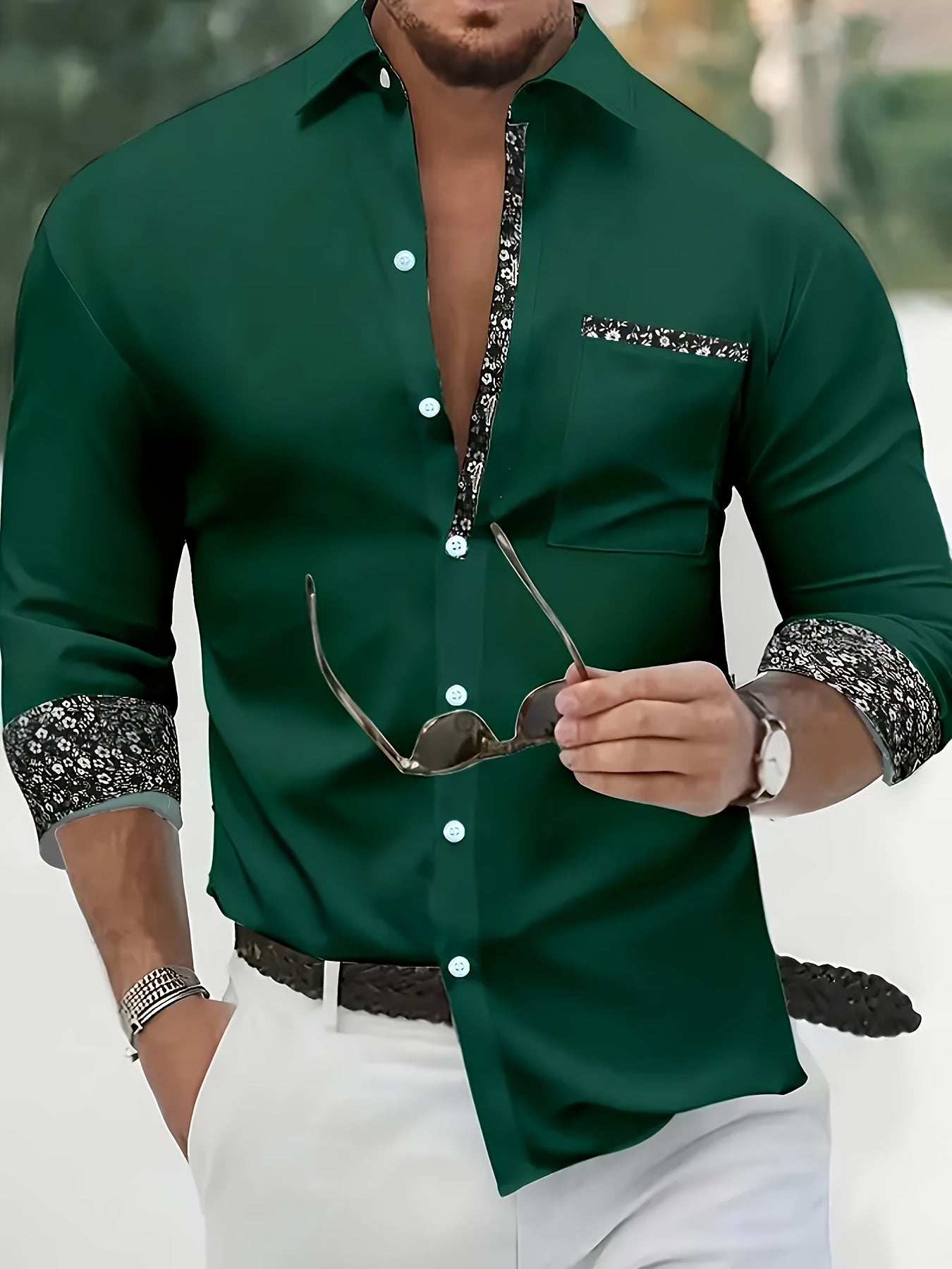 Mens Casual Lapel Collar Long Sleeve Position Print Shirt
