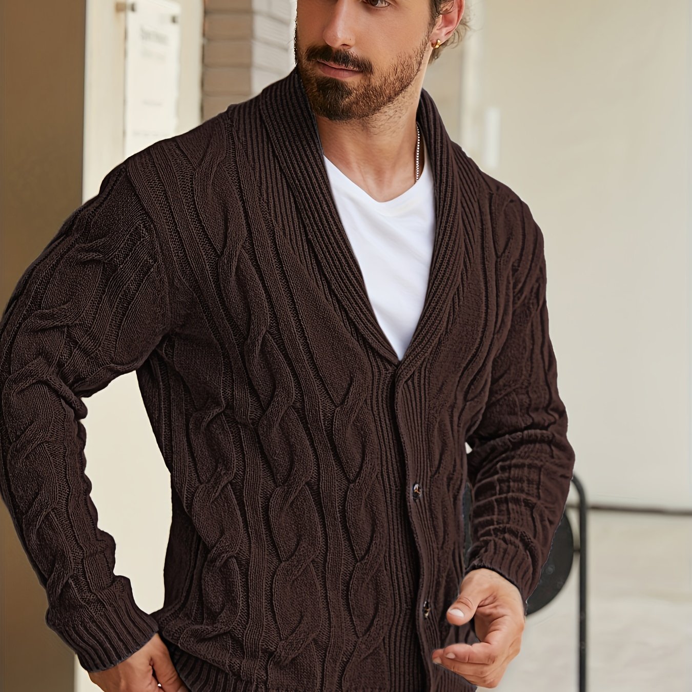 Mens Geometric Print Casual Long Sleeve Knitted Lapel Button Up Sweater