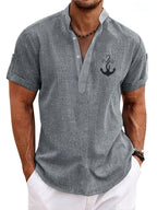 Mens Casual Graphic Print Short Sleeve Stand Collar Breathable Shirt