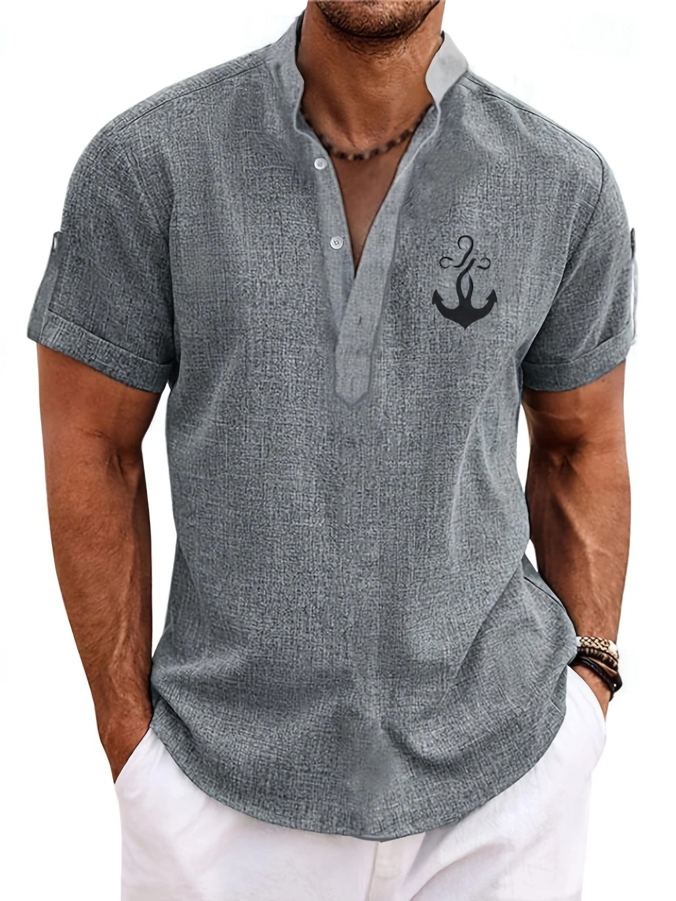 Mens Casual Graphic Print Short Sleeve Stand Collar Breathable Shirt