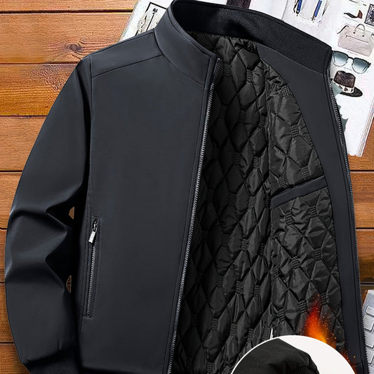 Mens Casual Solid Zip-Up Stand Collar Windbreaker Thermal Quilted Jacket