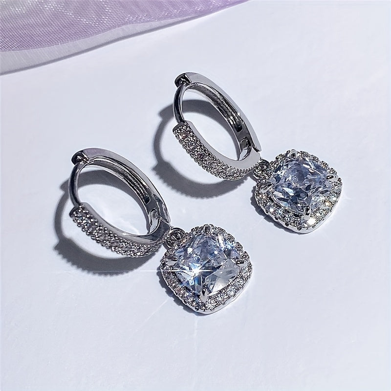 Womens Elegant White Gold Plated Square Zirconia Earrings