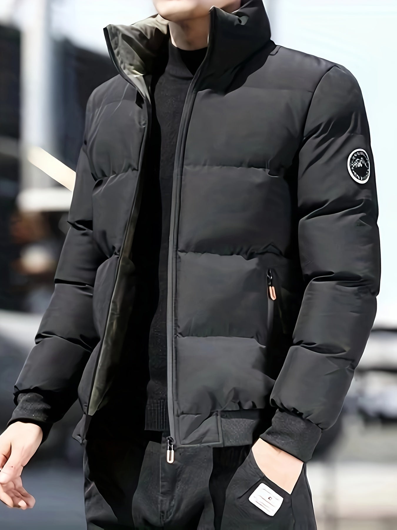 Mens Casual Thick Padded Loose Fit Stand Collar Zip Up Jacket