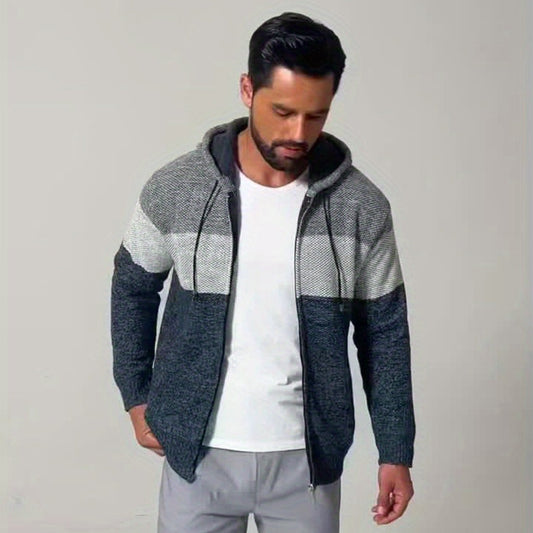 Mens Casual Slightly Stretch Zip Up Colour Block Hooded Fleece Jacket Sweater