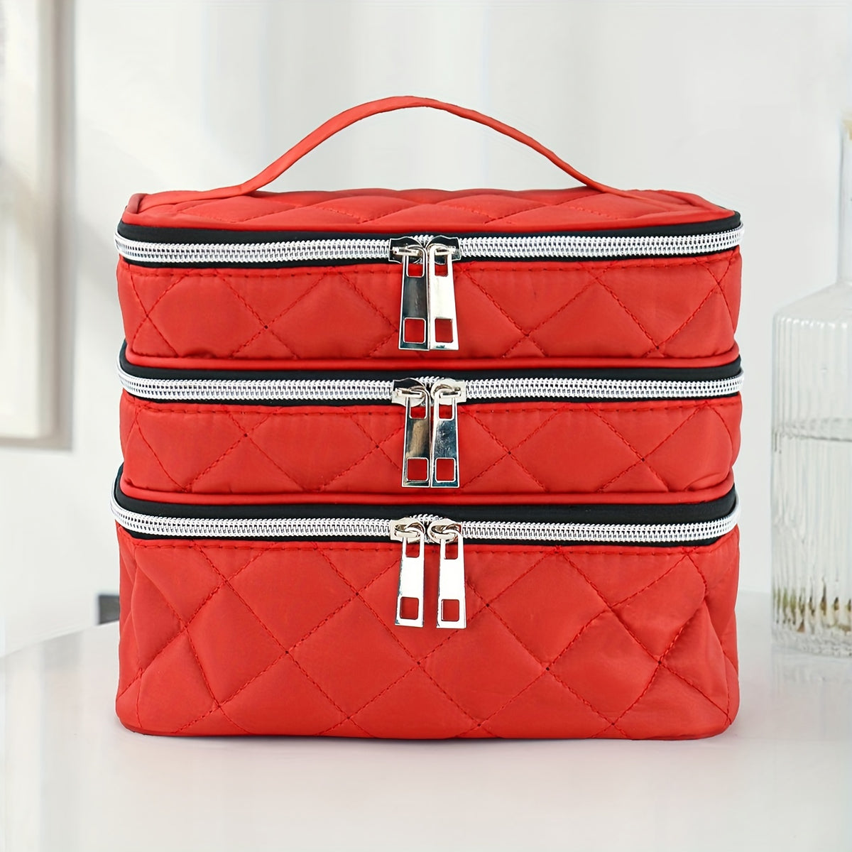 Multi Layer Portable Stylish Lightweight Large Capacity Grid Diamond Cosmetic Bag
