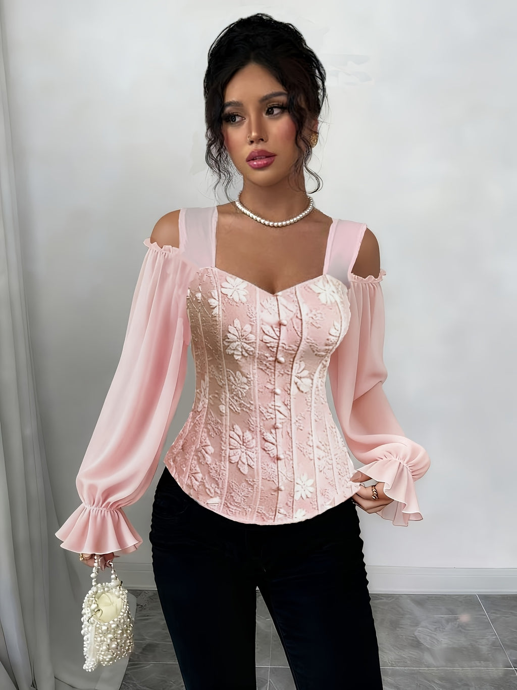 Womens Floral Jacquard Elegant Off-Shoulder Lantern Sleeves Square Neck Top