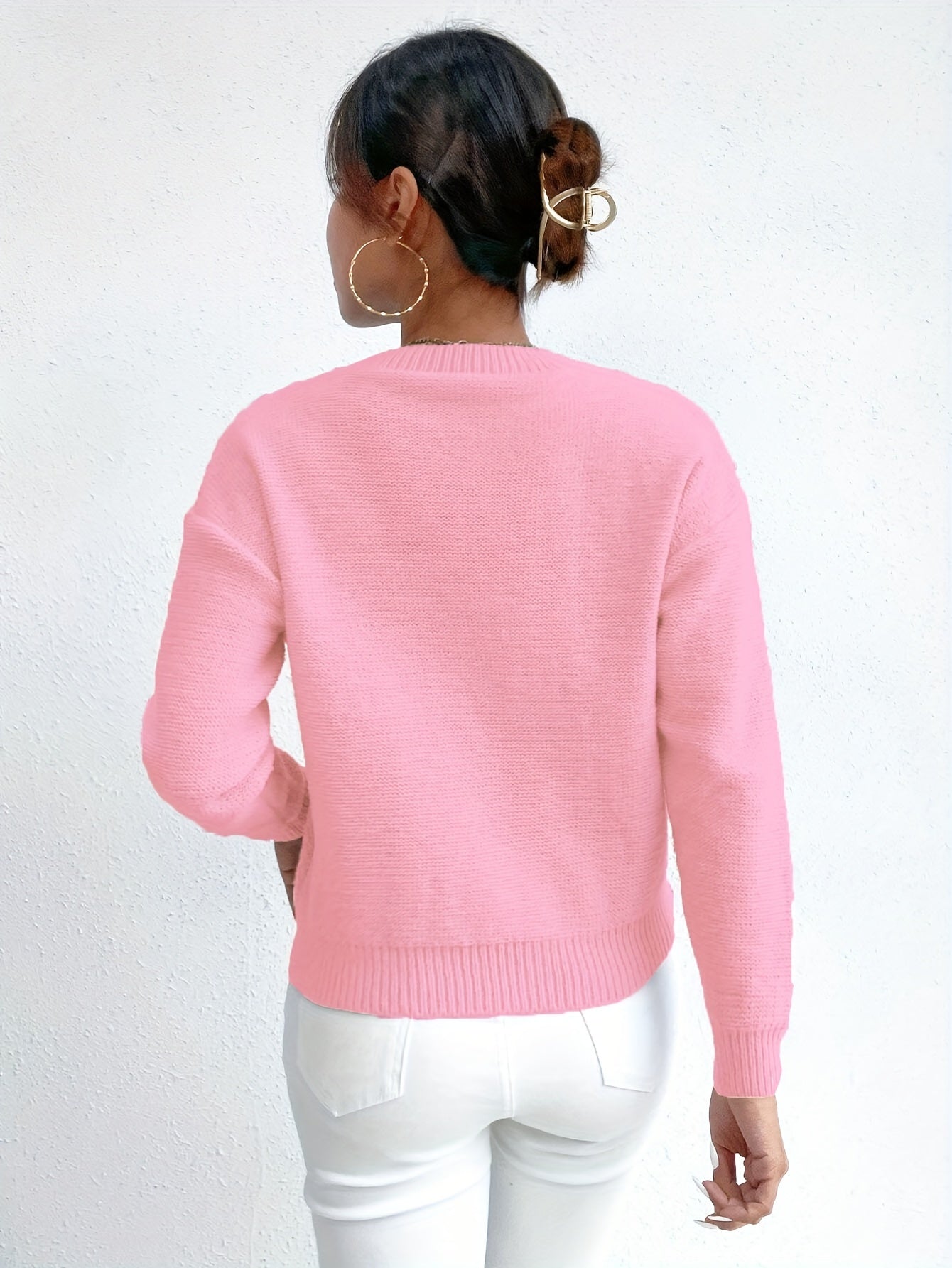 Womens Casual Round Neck Chunky Drop Shoulder Solid Colour Jumper