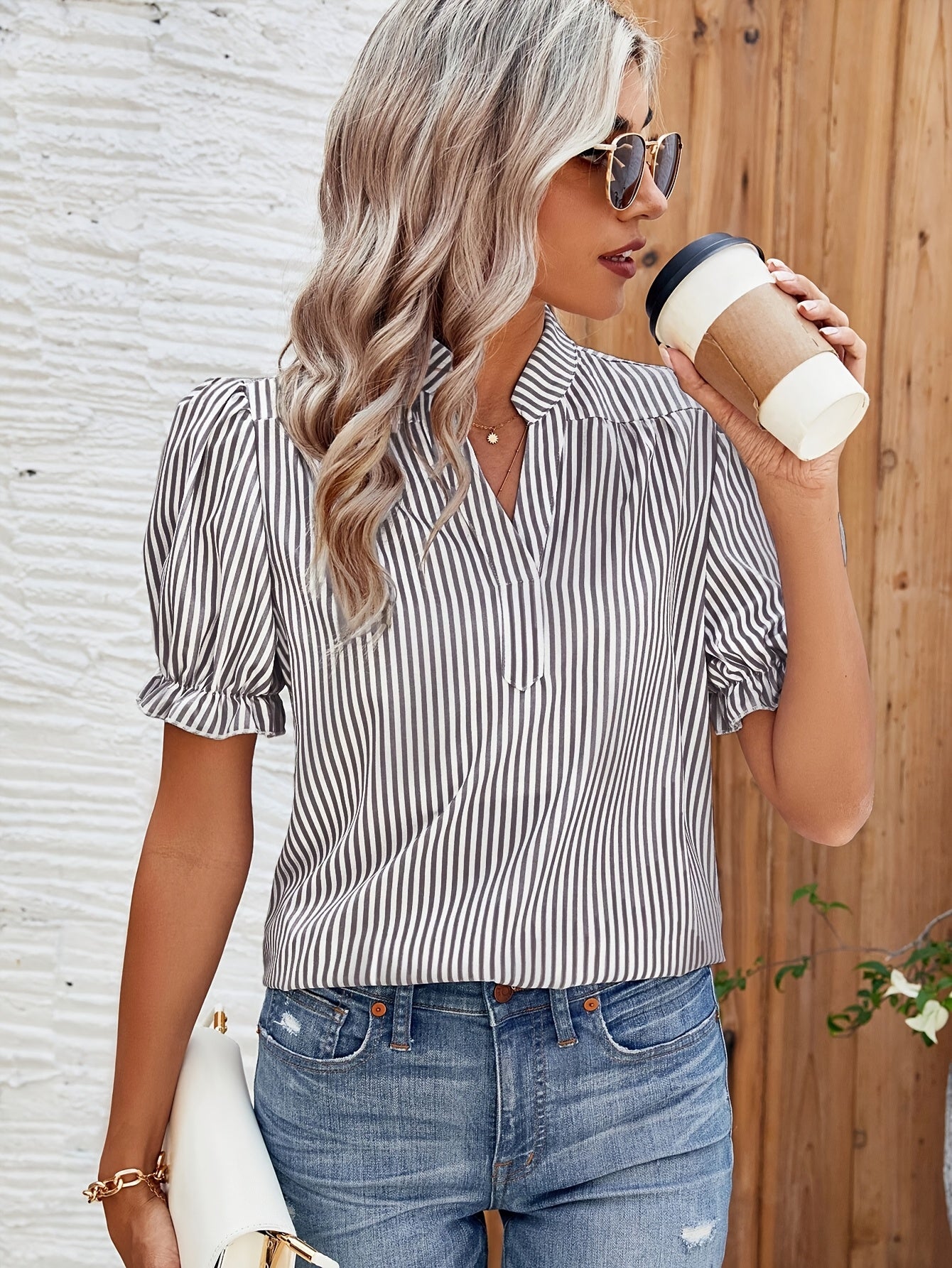 Womens Striped V-Neck Puff Short Sleeve Summer Top