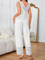 Womens Elegant V-Neck Contrast Lace Splicing Nightwear Set