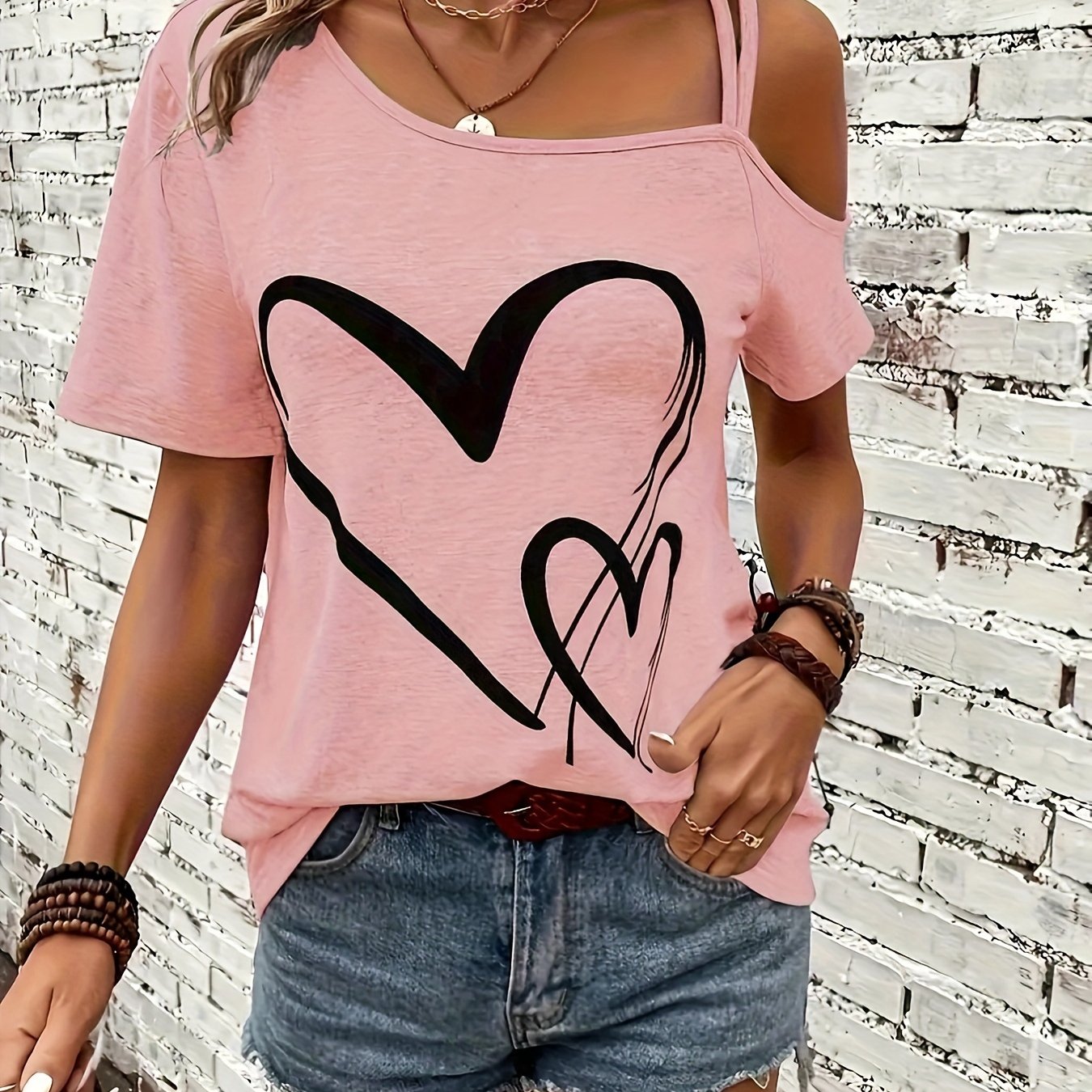 Womens Casual Heart Print Off the Shoulder Short Sleeve Asymmetrical T-shirt Top