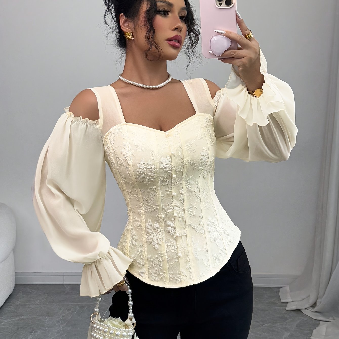 Womens Floral Jacquard Elegant Off-Shoulder Lantern Sleeves Square Neck Top