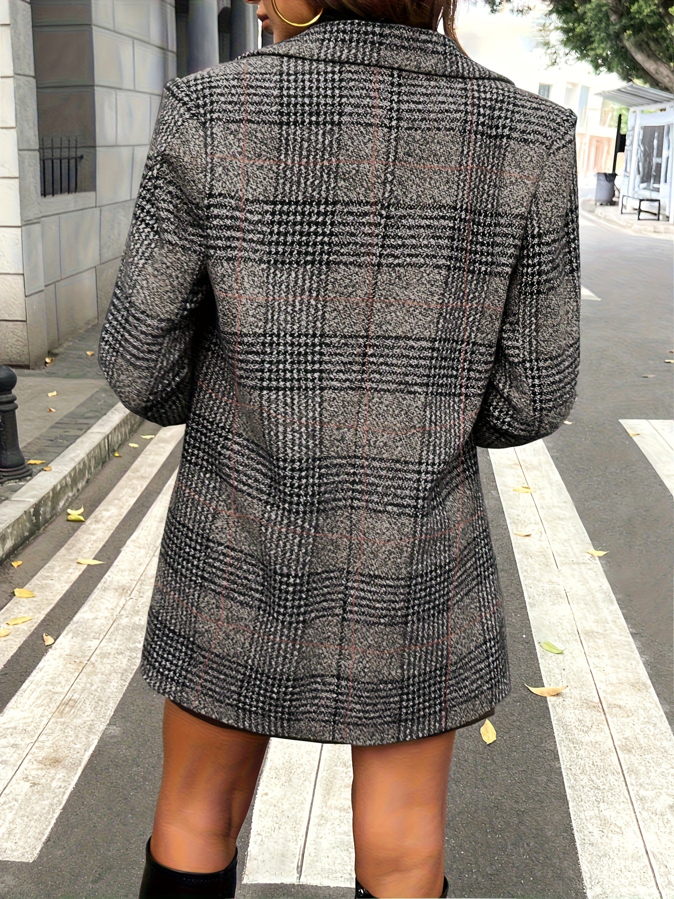 Womens Elegant Slim-Fit Plaid Tweed Houndstooth Pattern Winter Coat