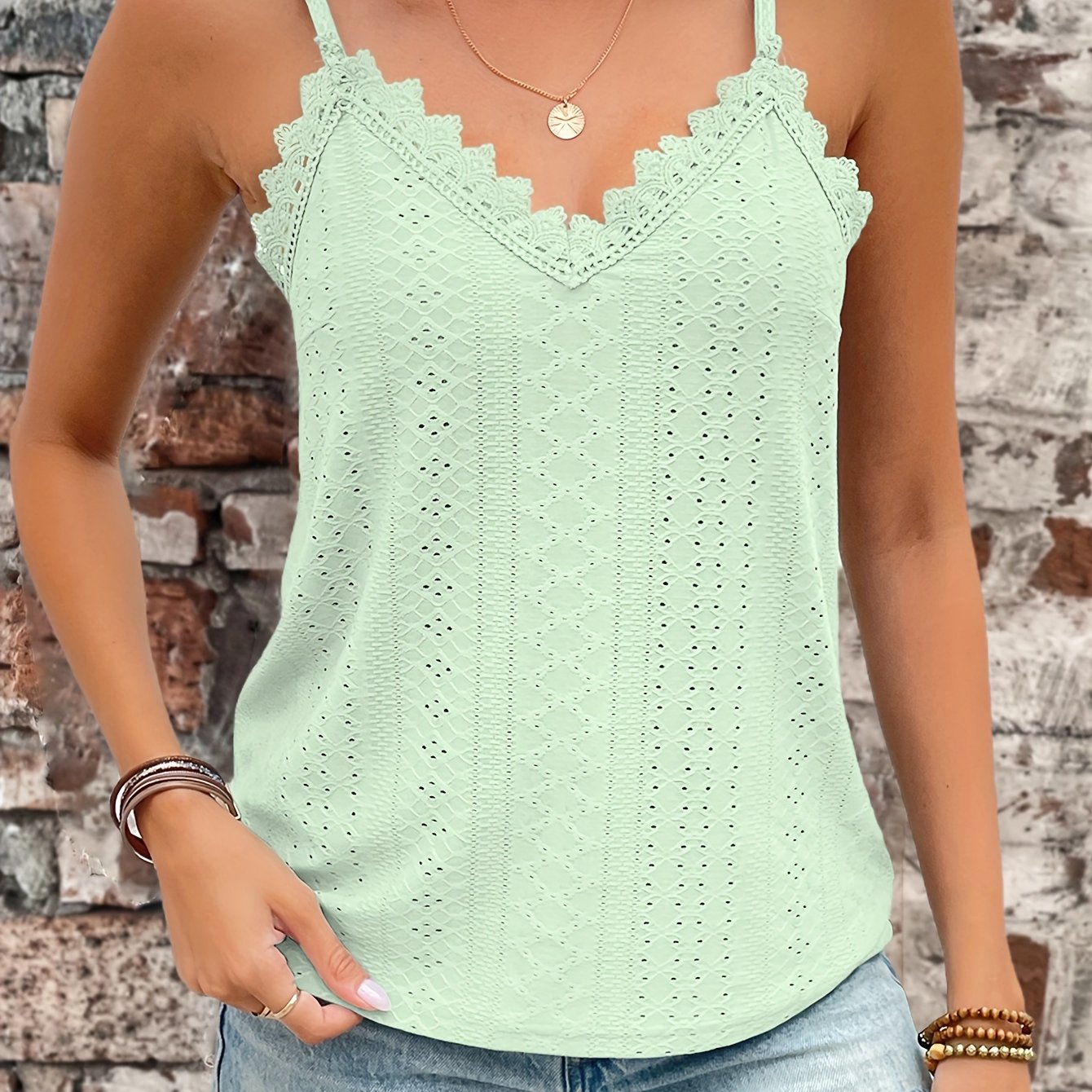 Womens Casual Eyelet Lace V-Neck Spaghetti Straps Vest Top