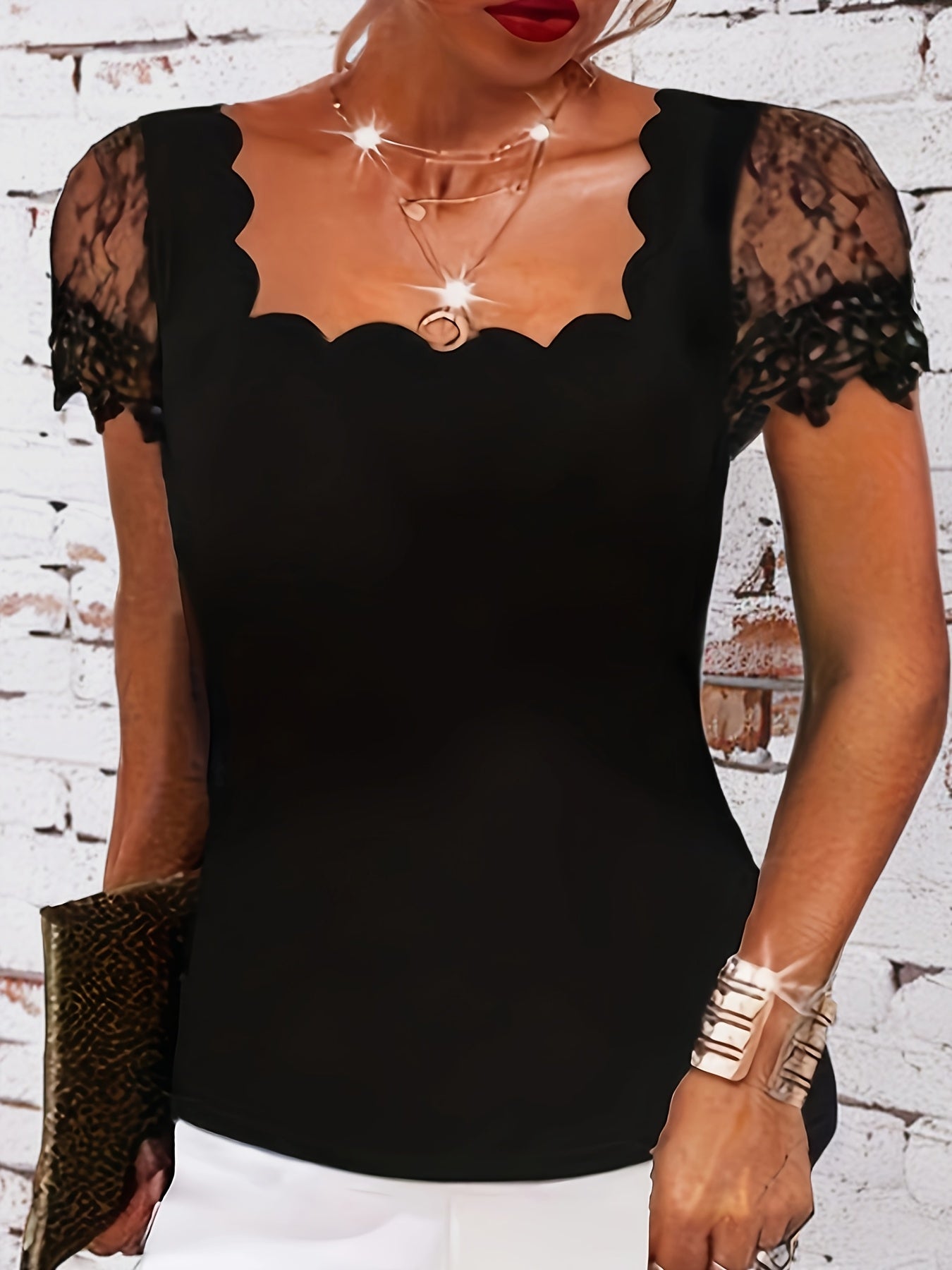 Womens Lace Trimmed Square Neck Short Sleeve Solid Colour T Shirt Top