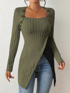 Womens Elegant Square Neck Ribbed Asymmetrical Button Detail Colour-Block Sweater