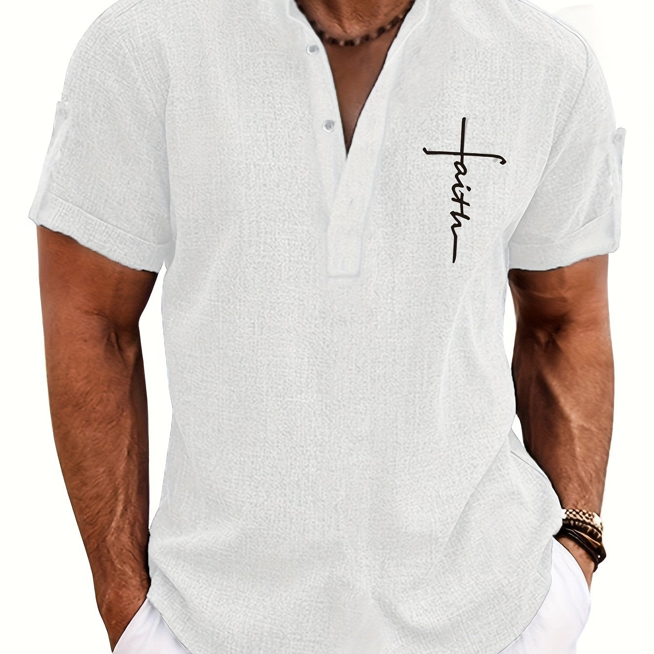 Mens Casual Graphic Print Short Sleeve Stand Collar Breathable Shirt