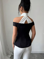 Womens Elegant Black and White Off-Shoulder Chic V-Neck Short Sleeve Top
