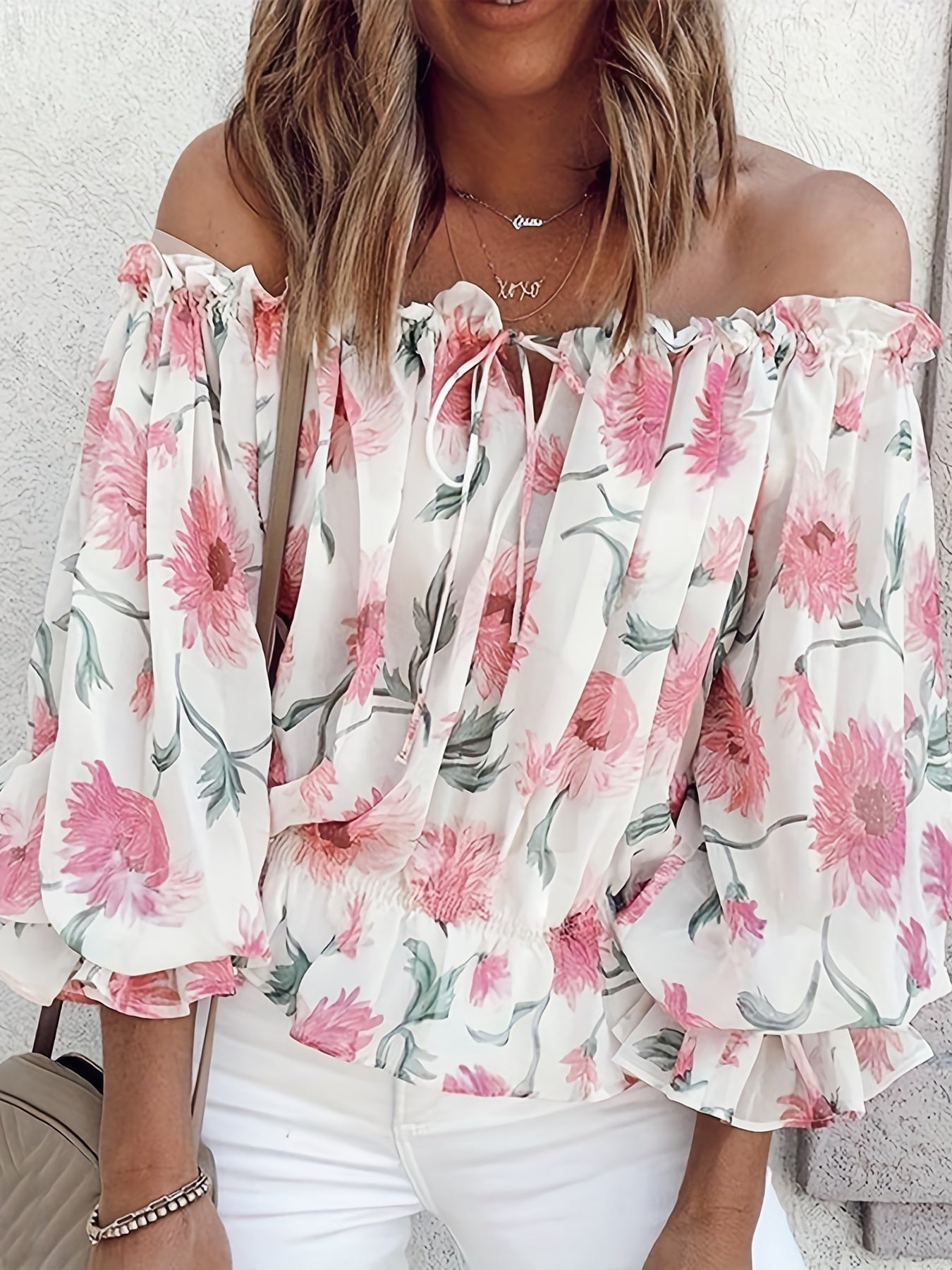 Womens Lightweight Off-Shoulder Semi-Sheer Pleated Lantern Sleeves Loose Fit Top