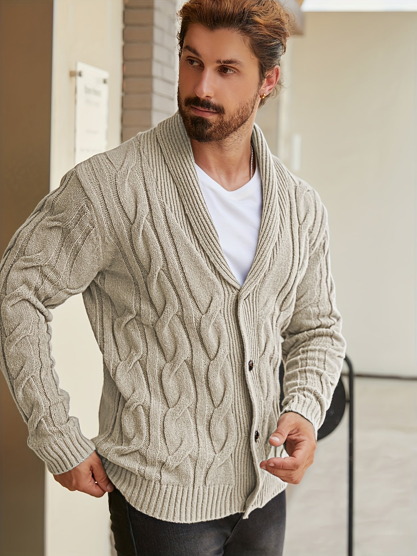 Mens Geometric Print Casual Long Sleeve Knitted Lapel Button Up Sweater