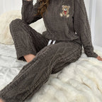 Womens Casual Bear Embroidered Thick Long Sleeve Round Neck Top & Pants Set