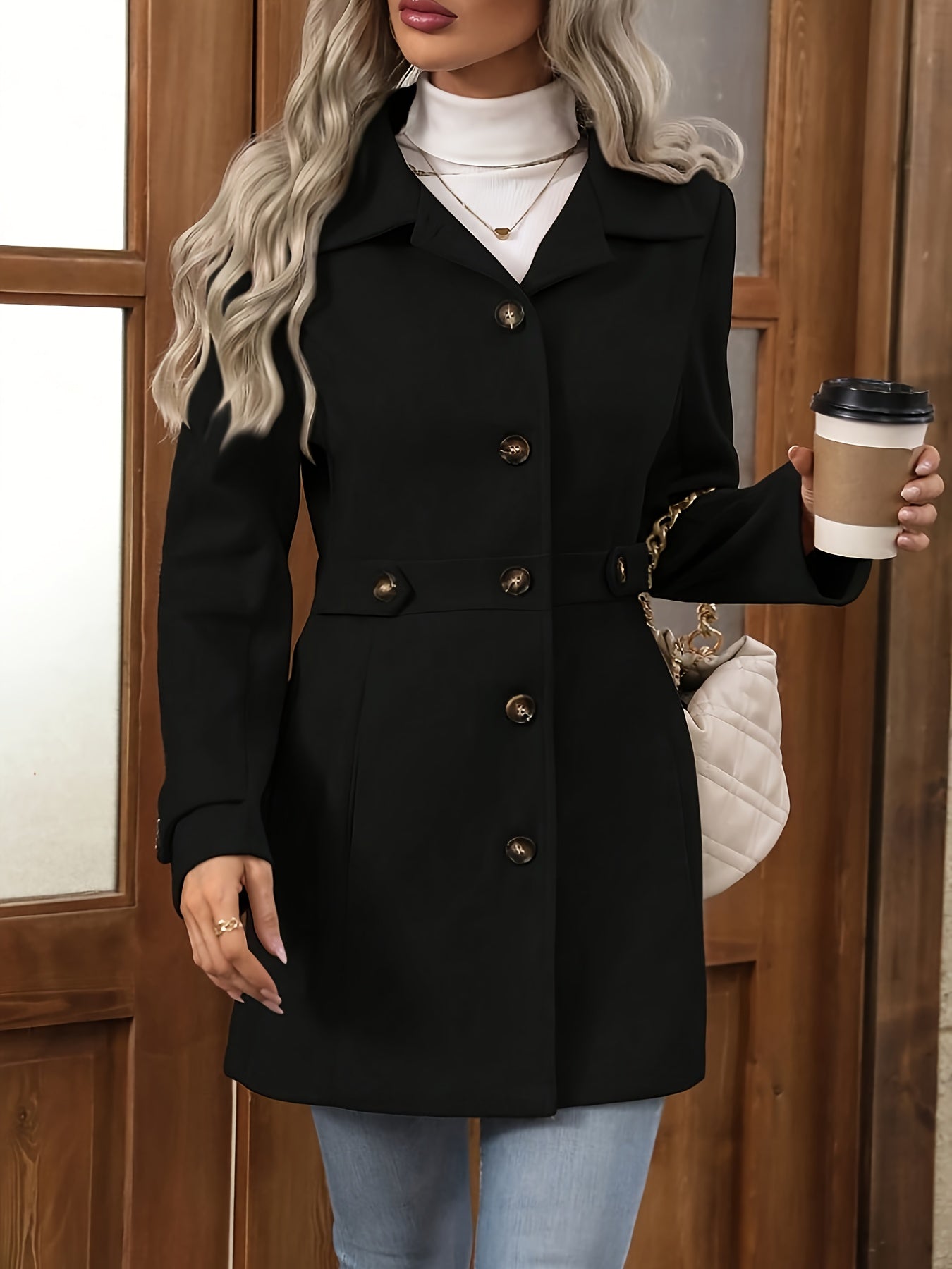 Womens Elegant Tweed Slim-Fit Lapel Collar Belted Waist Winter Coat
